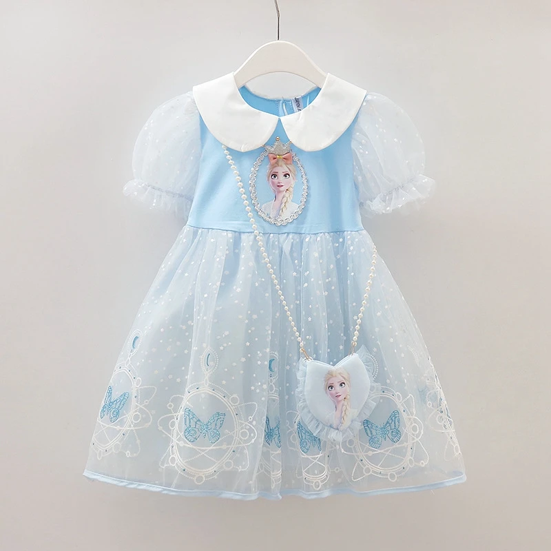 New Baby Girls Summer Dresses + Bag Kids Cartoon Frozen Elsa Short Sleeve Toddler Princess Clothes Mesh Wedding Party Dress Tops