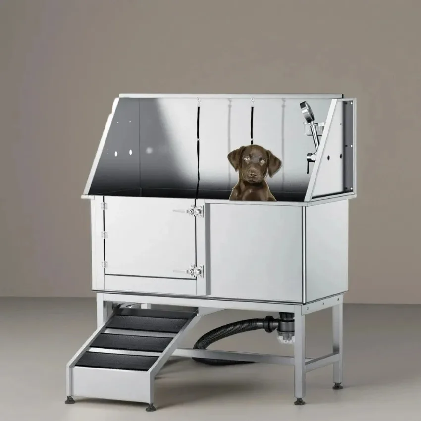 50 Inch Large Stainless Steel Pet Dog Wash Tub with Faucet & Walk-in Ramp Multifunction Pet Grooming Bath Station