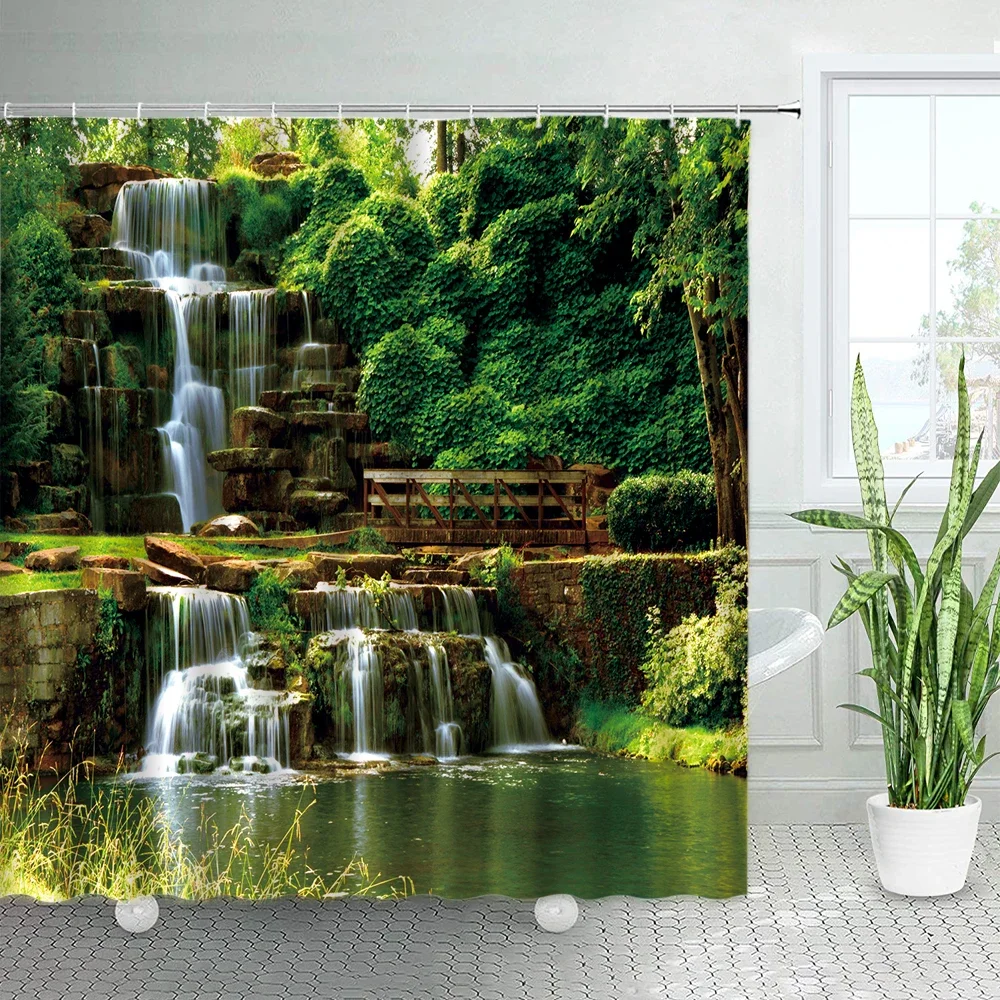 Waterfall Bathroom Curtains Spring Forest Park Shower Curtain Green Bamboo Nature Landscape Waterproof Fabric Home Bathtub Decor