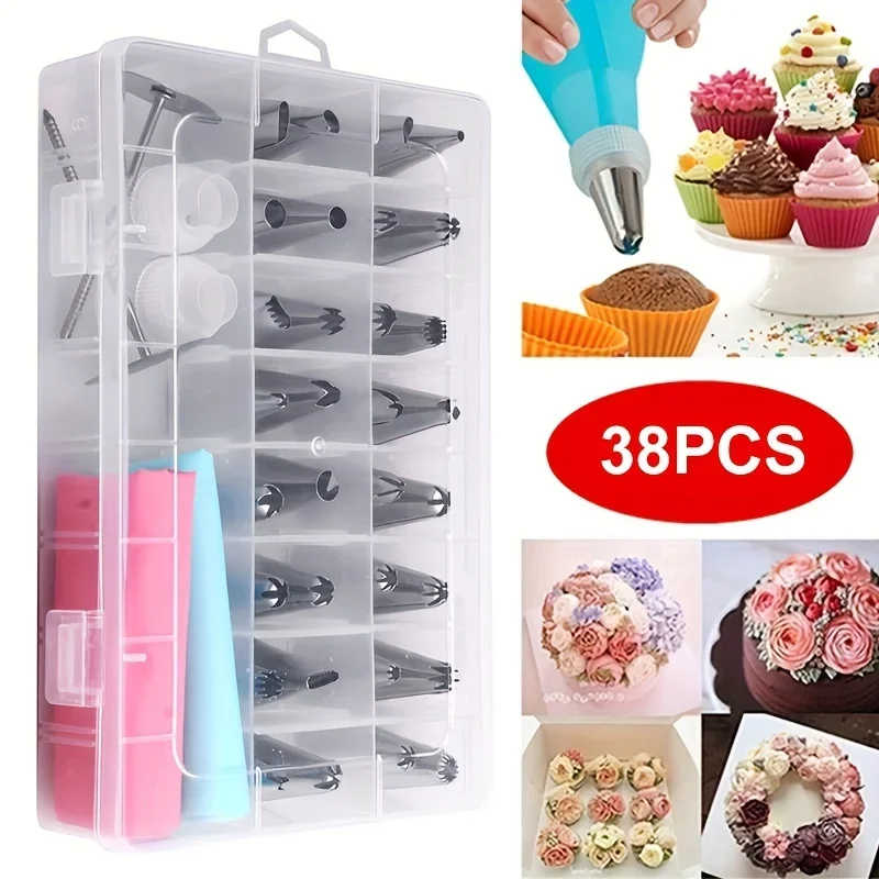 

Cake Decorating Tools Set with Piping Nozzles Icing Tips Fondant Nails Pastry Bags for Baking Cupcakes Cookies - DIY Dessert Kit