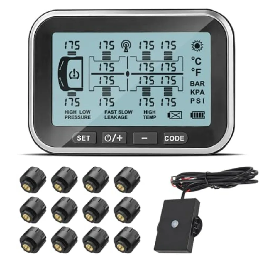 

RV Tire Prure Monitoring System, 0-199PSI TM TPMS.5-inch Screen with, 6 Alert Modes, Signal Booster, Long Distance Signal Trans
