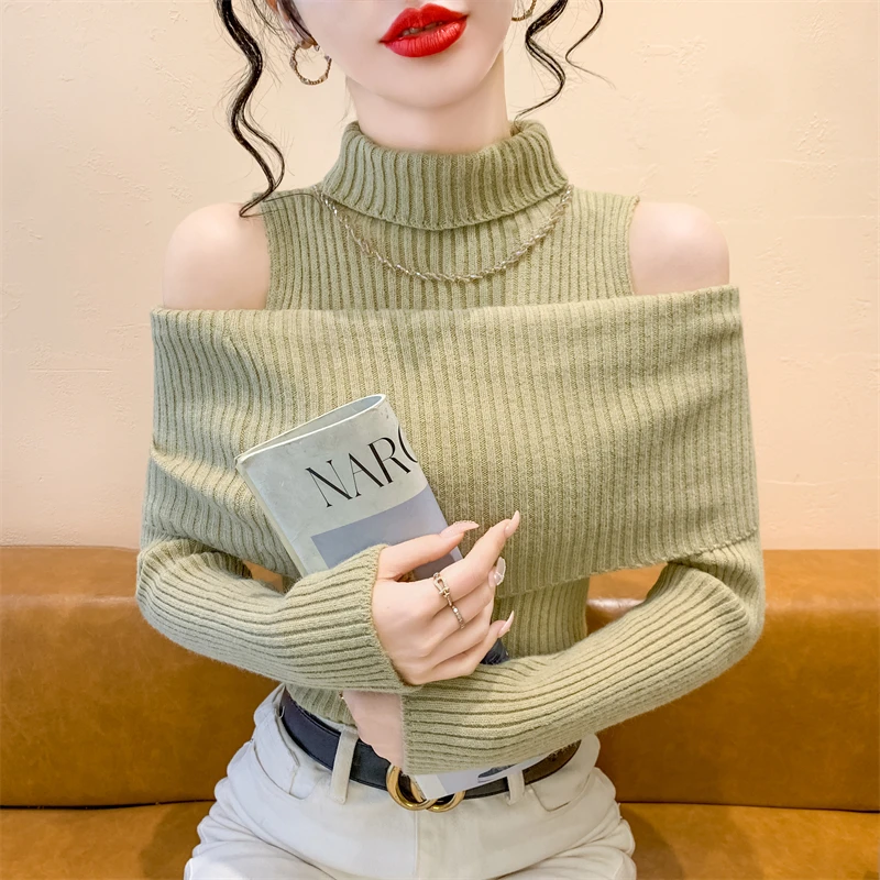 

Элегантный вязаный свитер с высоким воротником и открытыми плечами, женский облегающий свитер с длинными рукавами, модный осенне-зимний новый стиль