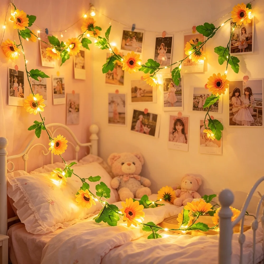 Artificial Sunflower String Lights Battery Operated Light for Bedroom Table Wall Dormitory Wedding Party Christmas Tree Decor