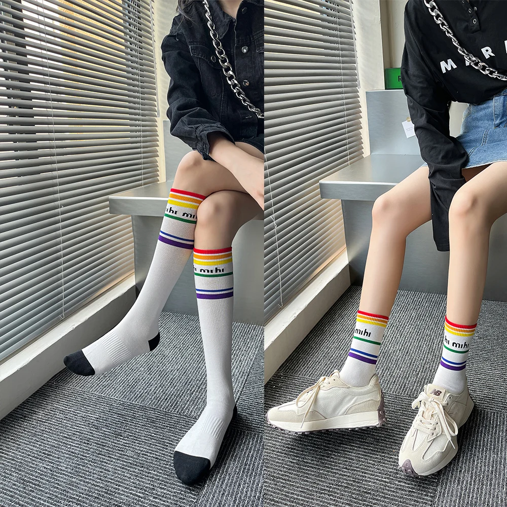 New Rainbow Women's Socks Ins Tide In The Tube Pressure Sports Fitness Yoga Stovepipe Running Half Cotton Letter Calf Stockings