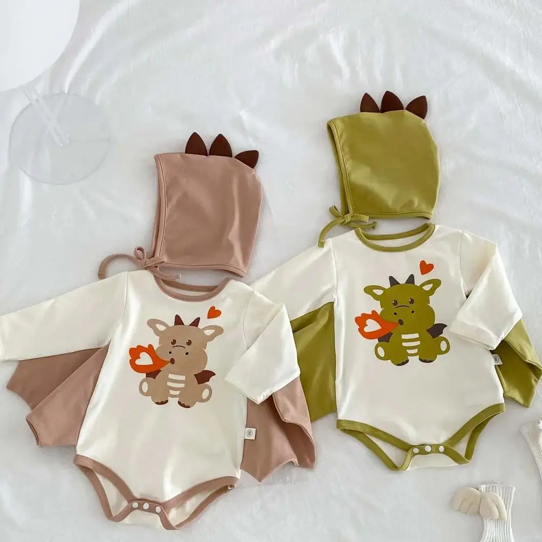 Baby cute Korean baby onesie Cute boy Fire dragon print crawling suit 0-2 years old cartoon children's clothing including hats