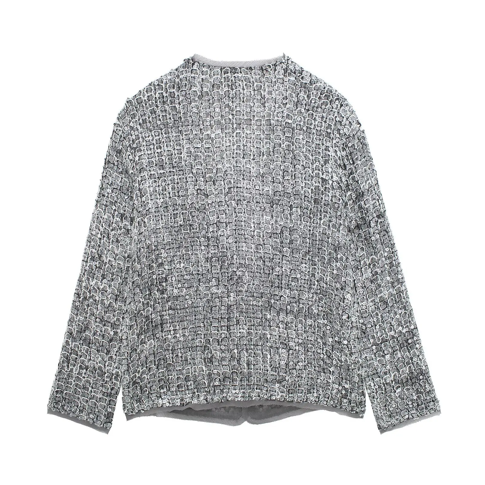 Silver Sequins Crochet Jacket Women Spring Autumn Cardigan Short Jackets Loose Round Neck Coat Long Sleeve Streetwear 2024 New