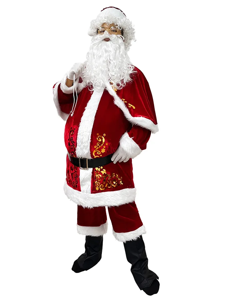 

Adult Unisex Santa Claus Cosplay Costume Christmas Performance Outfit Bearded Old Man Stage Showing Gold Velvet Dress Up New