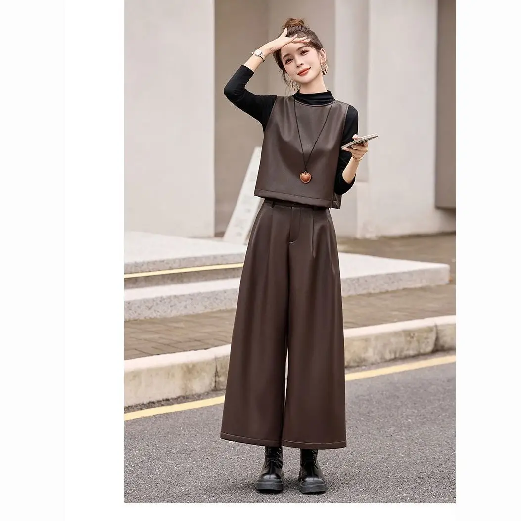Premium Style PU Leather Vest Coat + Wide Leg Pants Set Women 2026 New Spring Autumn Fashion Leather Vest Jacket Two-piece Suit