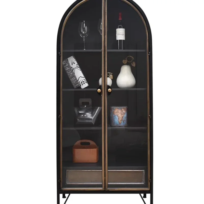 

Arch Wine Cabinet Retro Iron Art Industrial Style Display Cabinet Made of Glass Bookcase Storage Cabinet