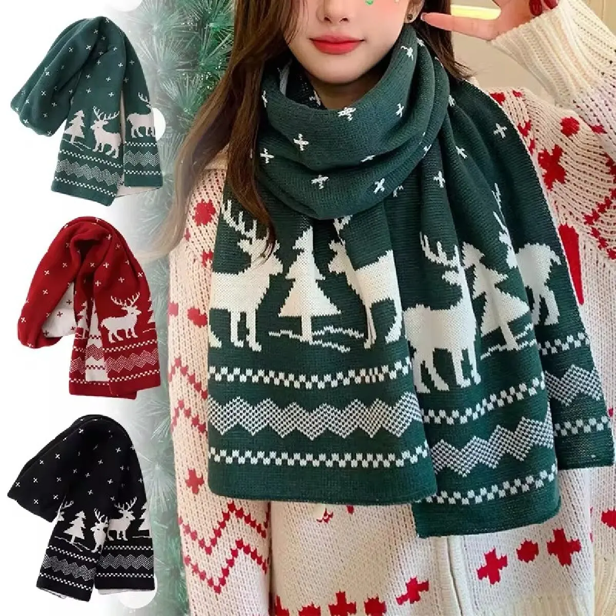 Winter Warm Scarf for Women Men Deer Elk Double-Sided Knitted Scarves Fashion Versatile Woolen Shawl Girls Christmas Present