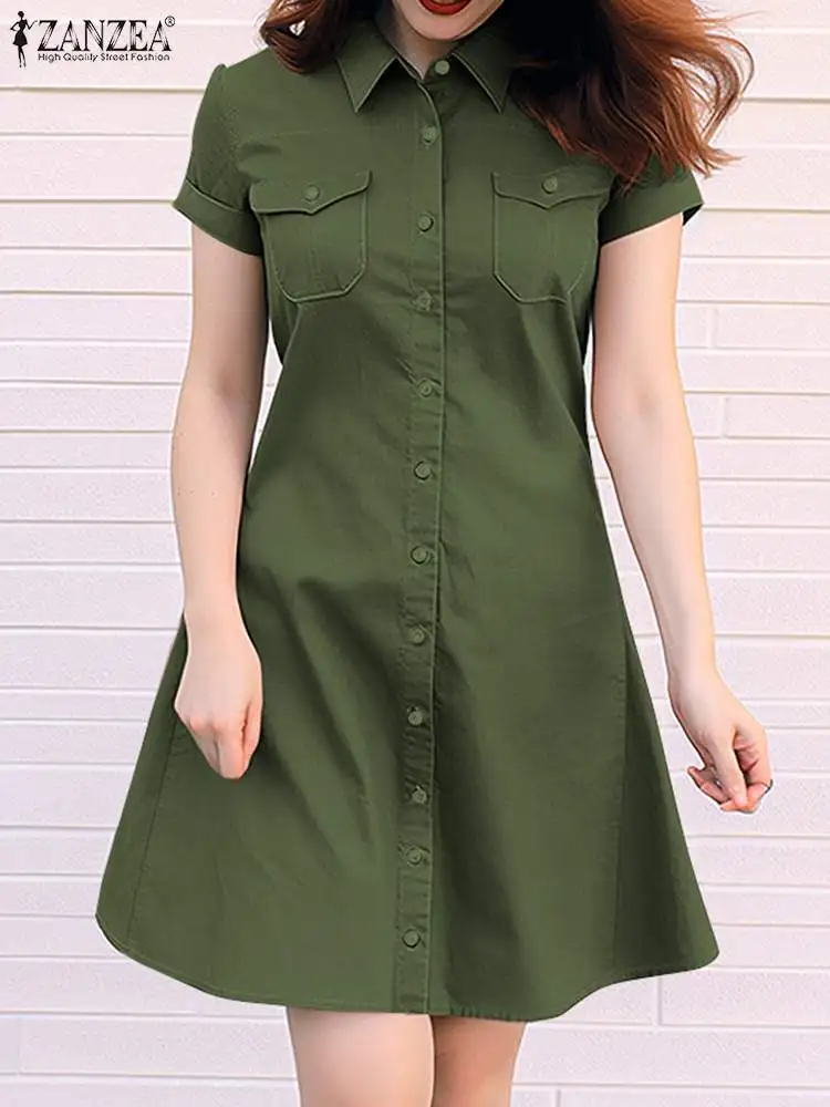 

Fashion OL Office Shirt Dress Women Summer Sundress ZANZEA Elegant Short Sleeve Buttons Down Vestidos Solid Lapel Neck Midi Robe