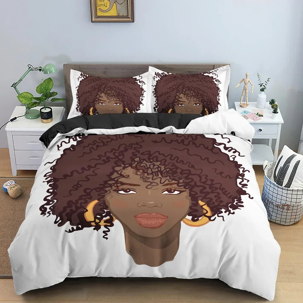 Beautiful Curly Hair Girl Pattern Comfortable Duvet Quilt Cover Pillowcase Bedding Set Children Bedroom Decoration Home Textile