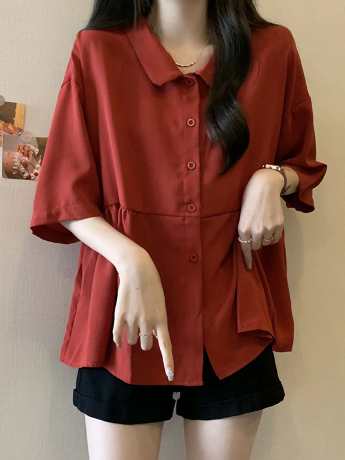 

Red Short Sleeve Chiffon Shirt Women Summer plus Size Hide Belly Design Slimming Top Korean Style Loose Fit Button Detail