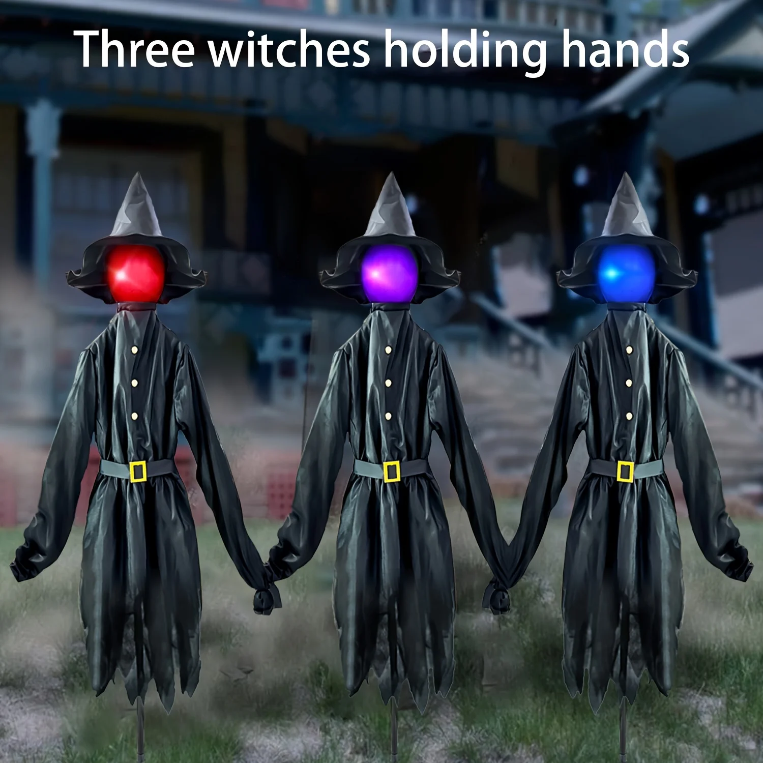 Halloween Witch Decorations Outdoor 3 Holding Hands Witches Stakes with Glowing Face Lighted Decor for Party Yard Haunted House