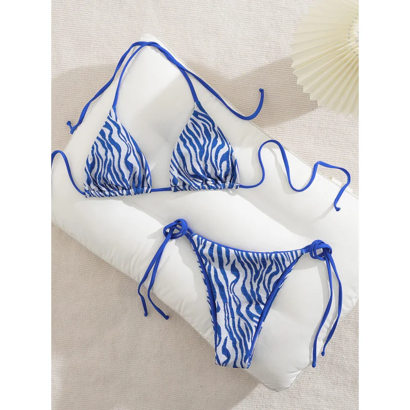 

New Soft Bag Blue Special Fabric Thin Shoulder Strap Halter Backless Sexy Party Bikini Set