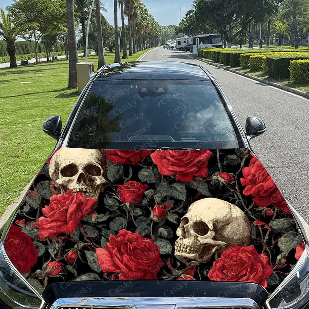 

Car Decal Red Rose Multi-Skull with Textured Artistic Element in Dark Gothic Design, Creating a Bold and Intense Visual Car Hood