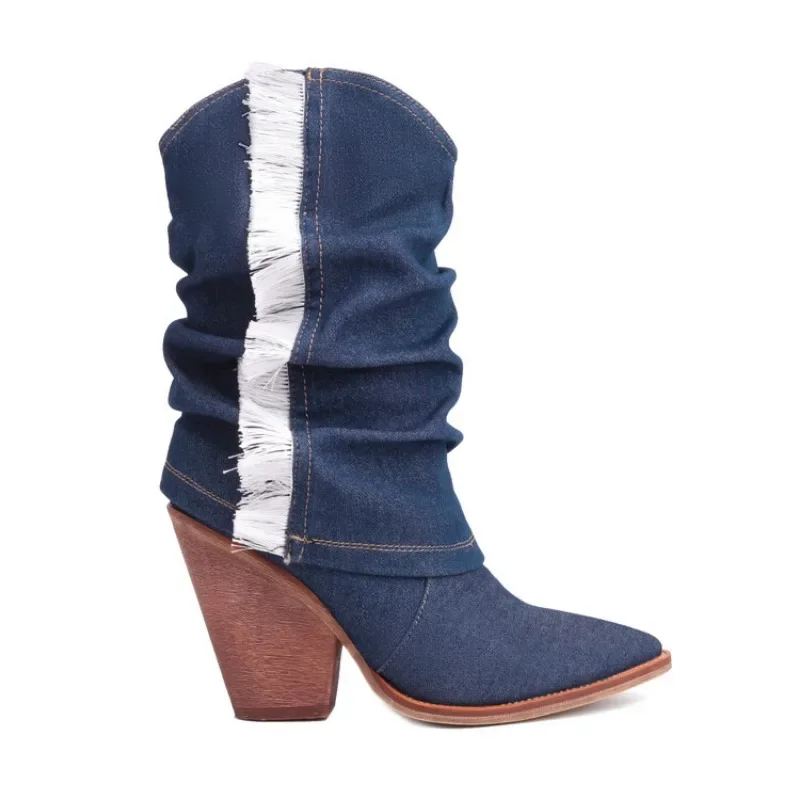 

2024 Western Denim Blue Chelsea Boots 10cm Slope Heel Tassel Pointed Fashion Short Boots 34-43 Amusement Park Performance Boots