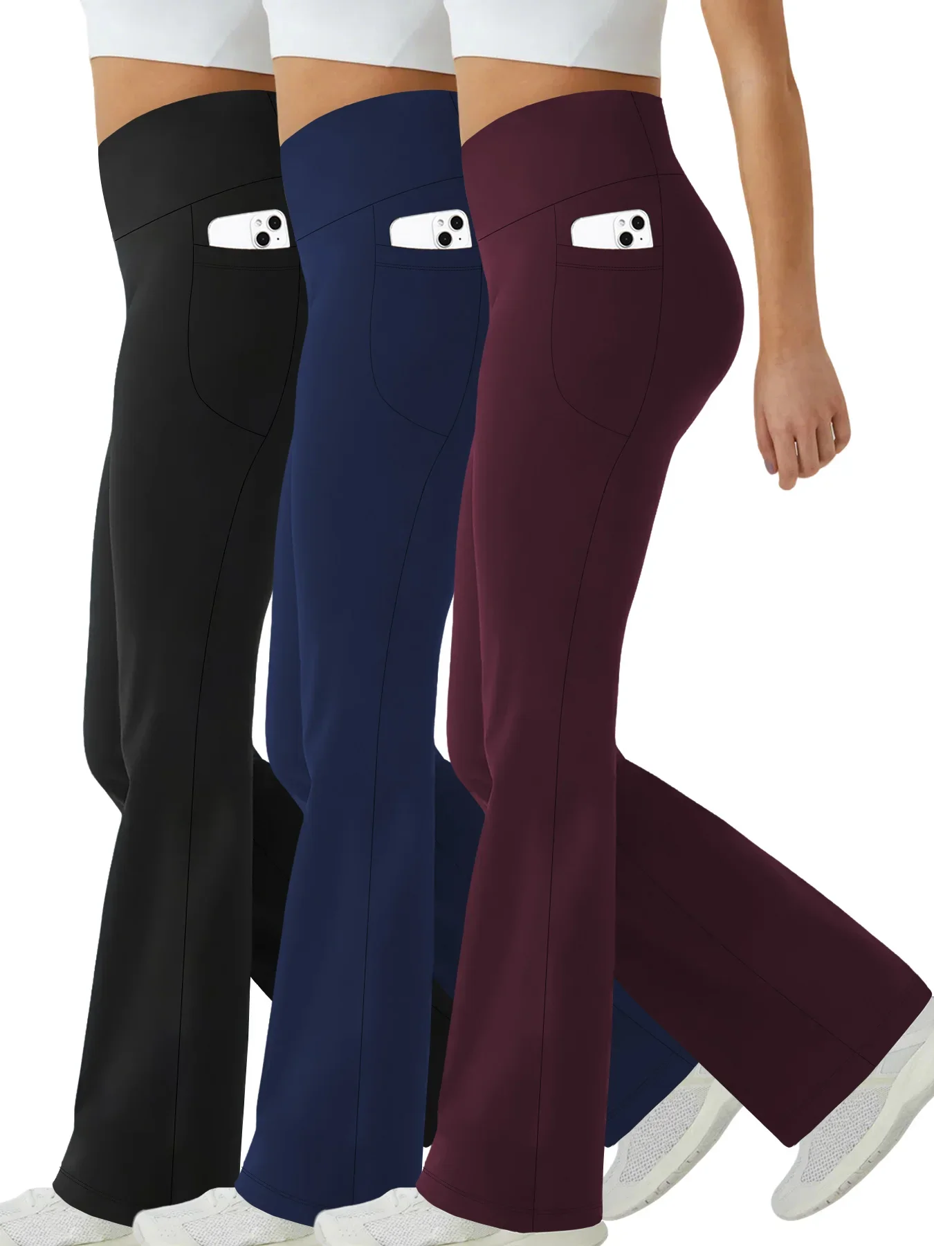 3 عبوات من سراويل النساء فائقة النعومة مع جيوب عالية الخصر للتحكم في البطن وتمارين اليوجا واللياقة البدنية في صالة الألعاب الرياضية وسراويل ضيقة على شكل جرس