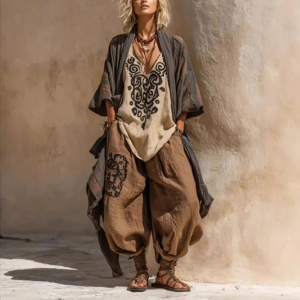 Women's Geometric Pattern Print Three Piece Set 2026 Summer New Loose Top Front Cardigan Harem Pants Suit Lady Commuting Set