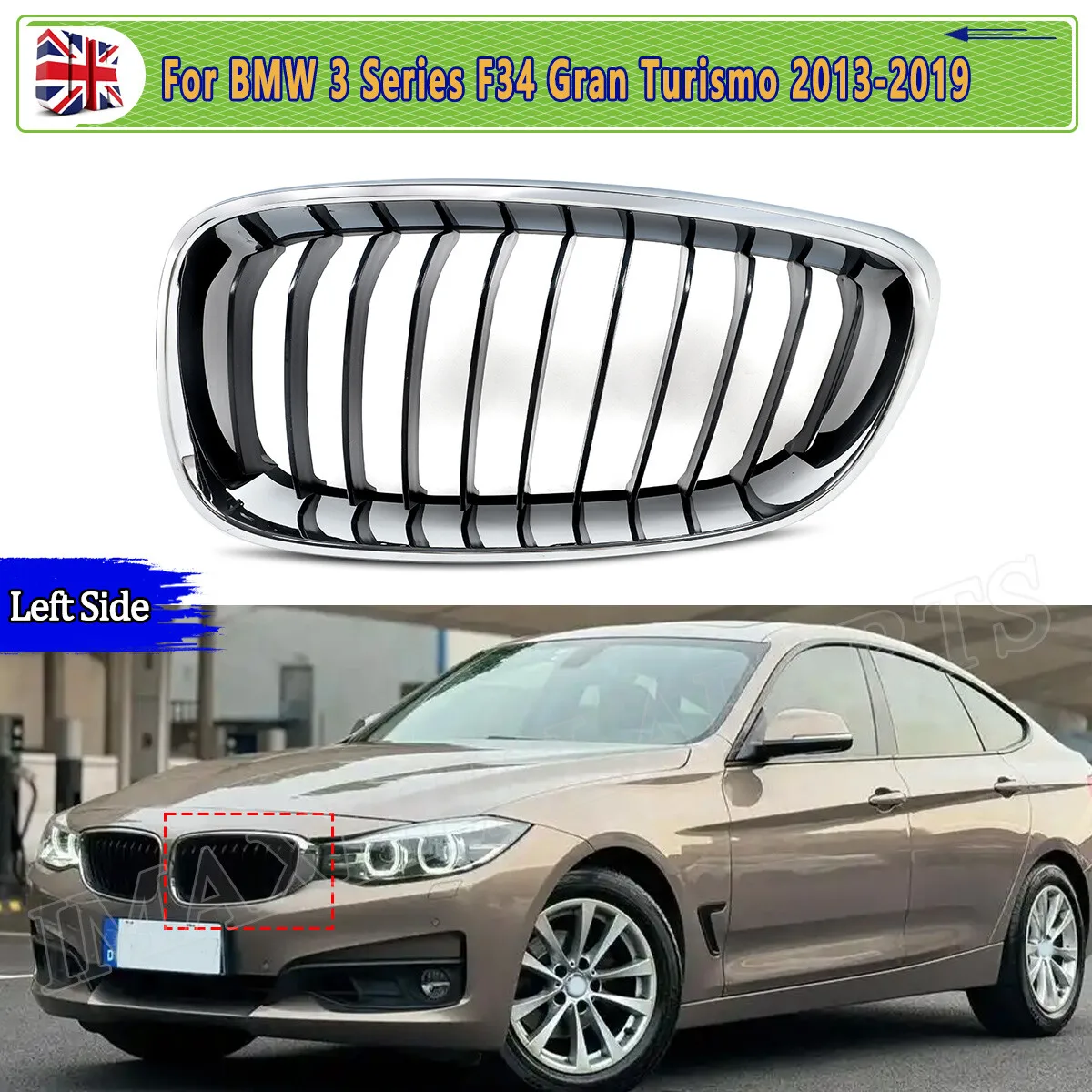 

Накладка на переднюю решетку бампера ДЛЯ BMW F34 3 SERIES 318d 320i 330i 340i 2013-2019 GRAN TURISMO ЛЕВАЯ ПЕРЕДНЯЯ KIDNEY GRILLE Хром Черный