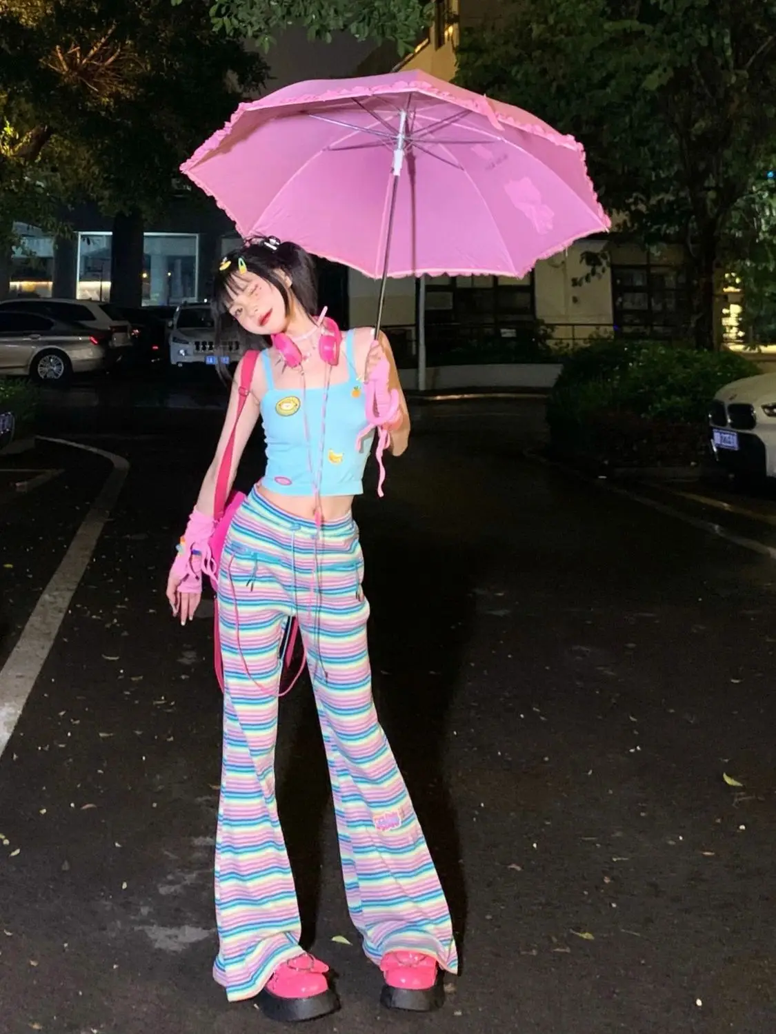 Japanese Sweet Rainbow Striped Fare Pants Women Summer Personality Contrast Color Trousers High Waist Drawstring Y2k Pantalones