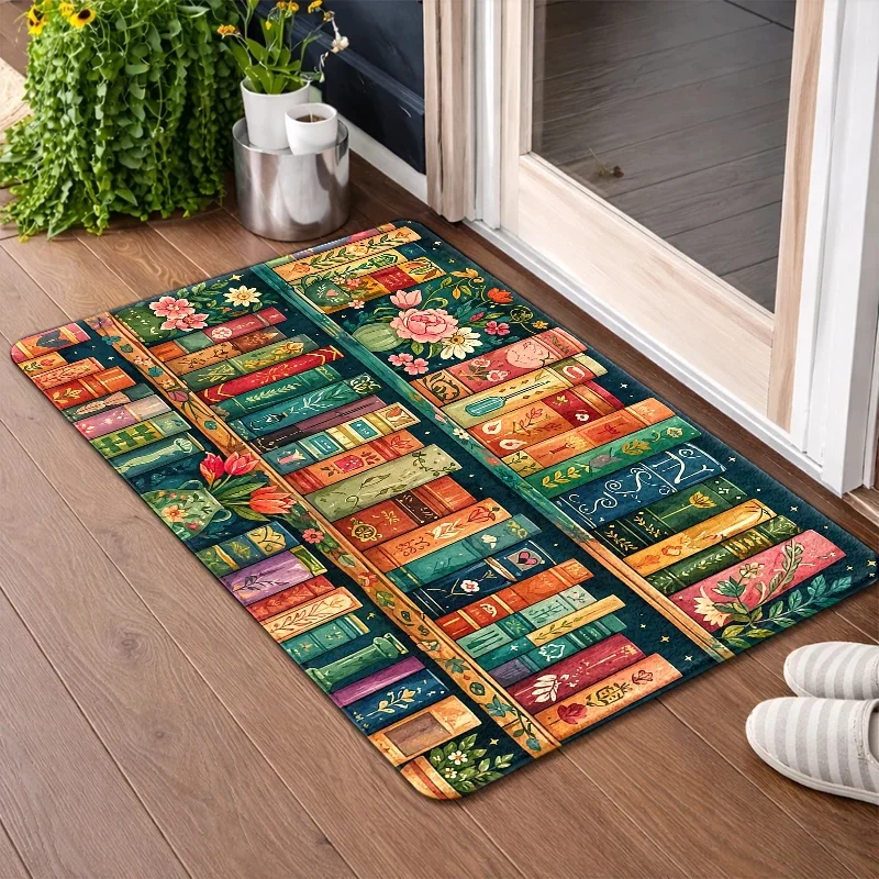 Bookshelf Flower Door Mat Literary Garden Theme Non Slip Entrance Rug Study Room Decor Book Lover Gift Unique Design