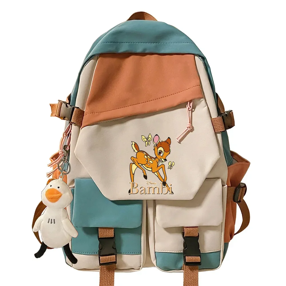 Kawaii Canvas Sacos De Livro Escolar para Teenentes, Patchwork Bagpack para Meninas e Mulheres, Mochila Estudantil, Bambi