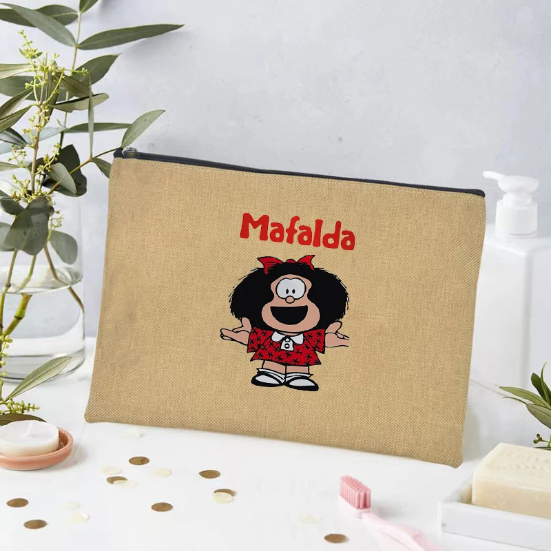 Mafalda Anime Cartoon Comic Linen Makeup Bag Coin Purse Toiletry Travel Bag Professional Makeup Suitcase Women Cosmetic Cases