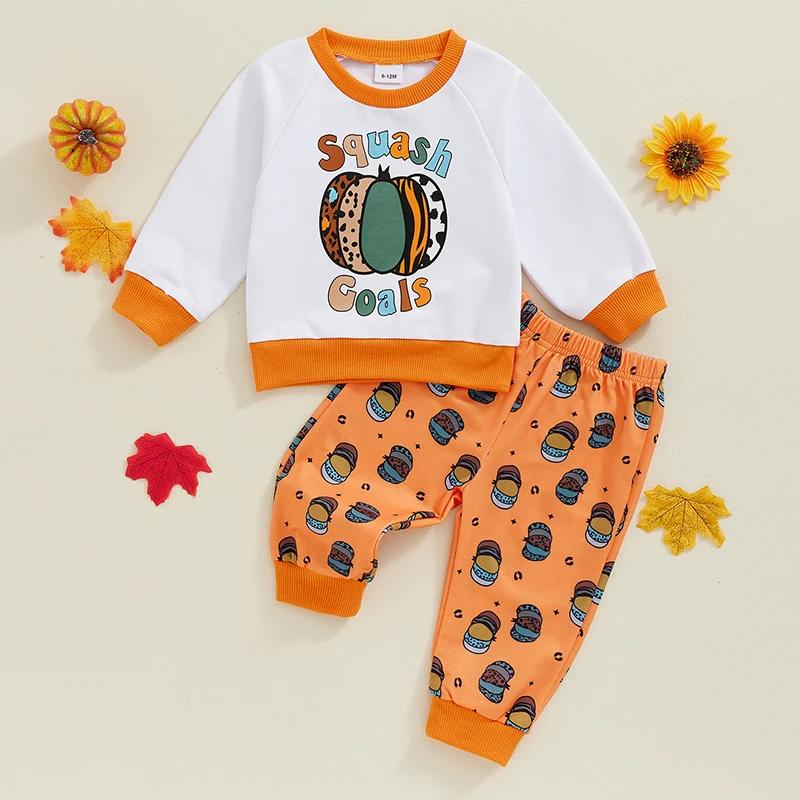 0M-3Y Baby Pants Set, Letters Print Long Sleeve Crew Neck Sweatshirt with Pumpkin Sweatpants Halloween Clothes for Girls Boys