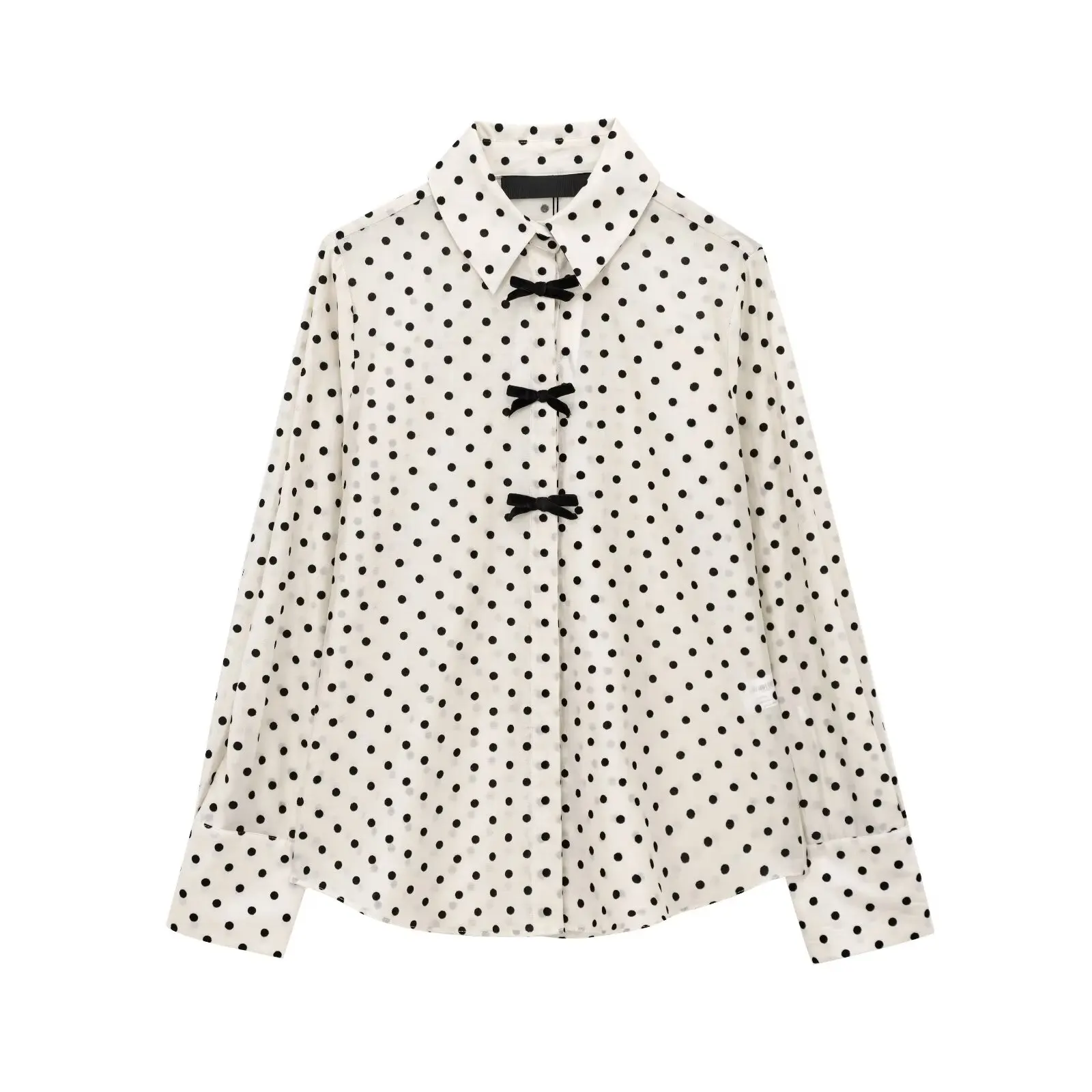 Faionable Polka Dot irt with  Knot Design Women's Clothing JNLEAOG New Sle Polyester Fiber Long Sve irt