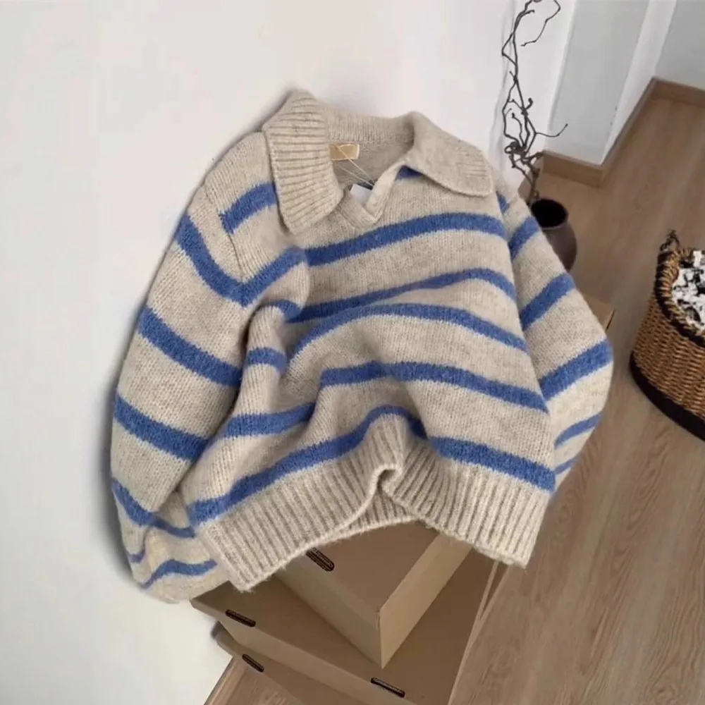 

Женские свитера, модная повседневная полосатая вязаная толстовка с воротником-поло, мягкий и удобный мелкоцветный свитер