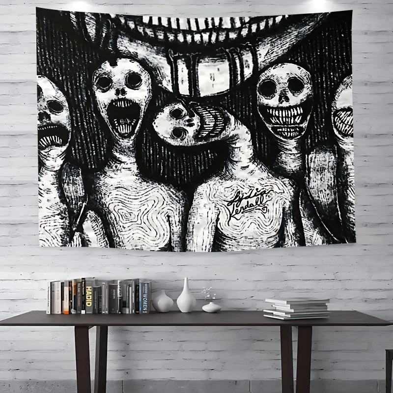 VIKAMA Dark Terror Hand Drawn Tapestry, Black White Gothic Wall Art for Bedroom Home Decor