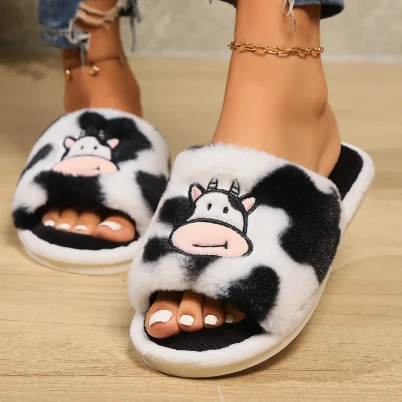 

2024 Warm Cute Plush Cow Slippers Woman Open Toe Flat Heels Home Slides Non Slip Platform Cotton Slipper Shoes