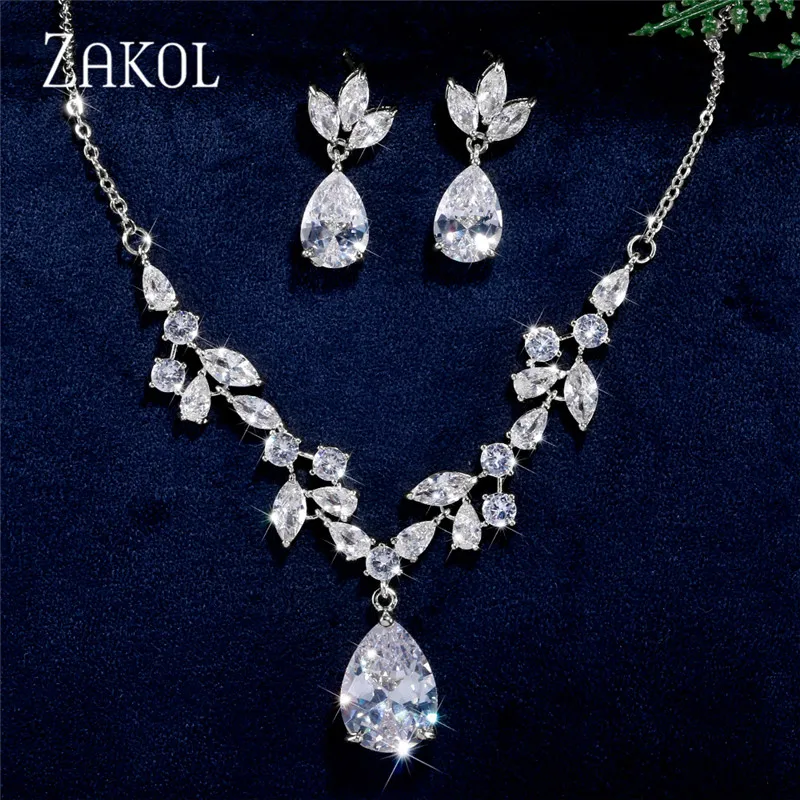 ZAKOL Classic Water Drop Necklace Earrings Set for Women Shinny Leaf Cubic Zircon Jewelry Sets Lady Party Wedding Accessories