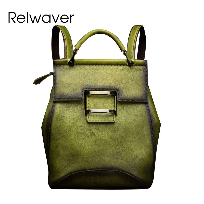 Relwaver vintage backpack natural cow leather green women backpack 2024 spring summer casual cover genuine leather backpack