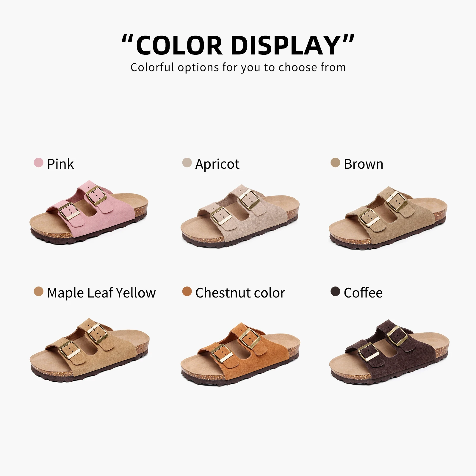 Birken Genuine Leather Women's Flat Slide Sandals - 2 Strap Design, Arch Support, Non-Slip, Cork Footbed, Slip-On Style