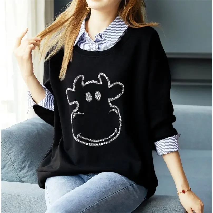 Pullovers Graphic Female Top Baggy Contrasting Colors Loose Women's Sweatshirts on Promotion Novelty Outerwears Matching Cotton