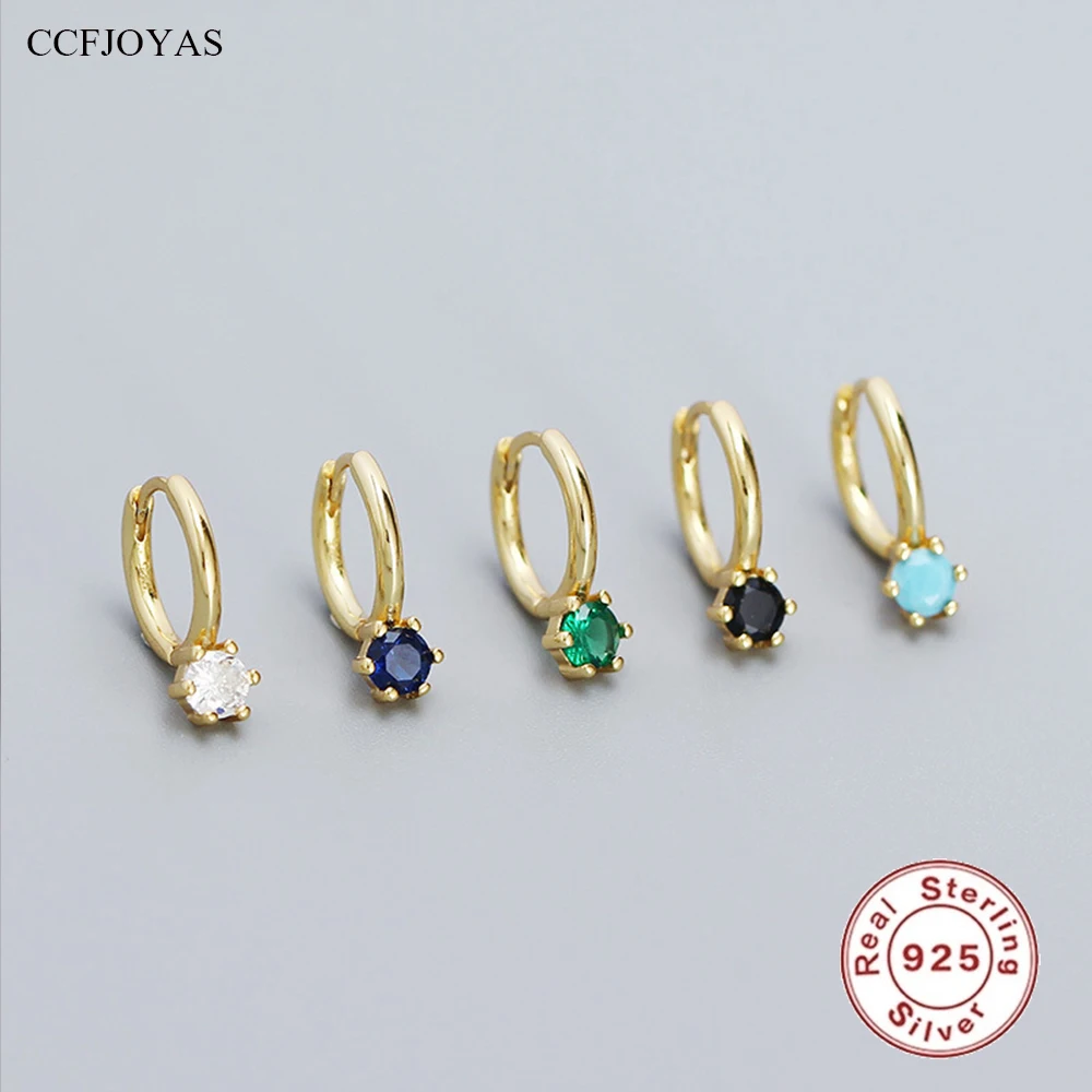 

CCFJOYAS 9mm 925 Sterling Silver Multicolor Round Zircon Ear Buckle Simple White/Black/Green/Blue/Turquoise Zircon CZ Earrings