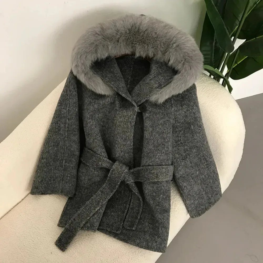 2024 Real Fur Coat Winter Women Short Natural Fox Collar Wool Woolen Ladies Jacket Belt thick warm Outerwear Streetwear Casual