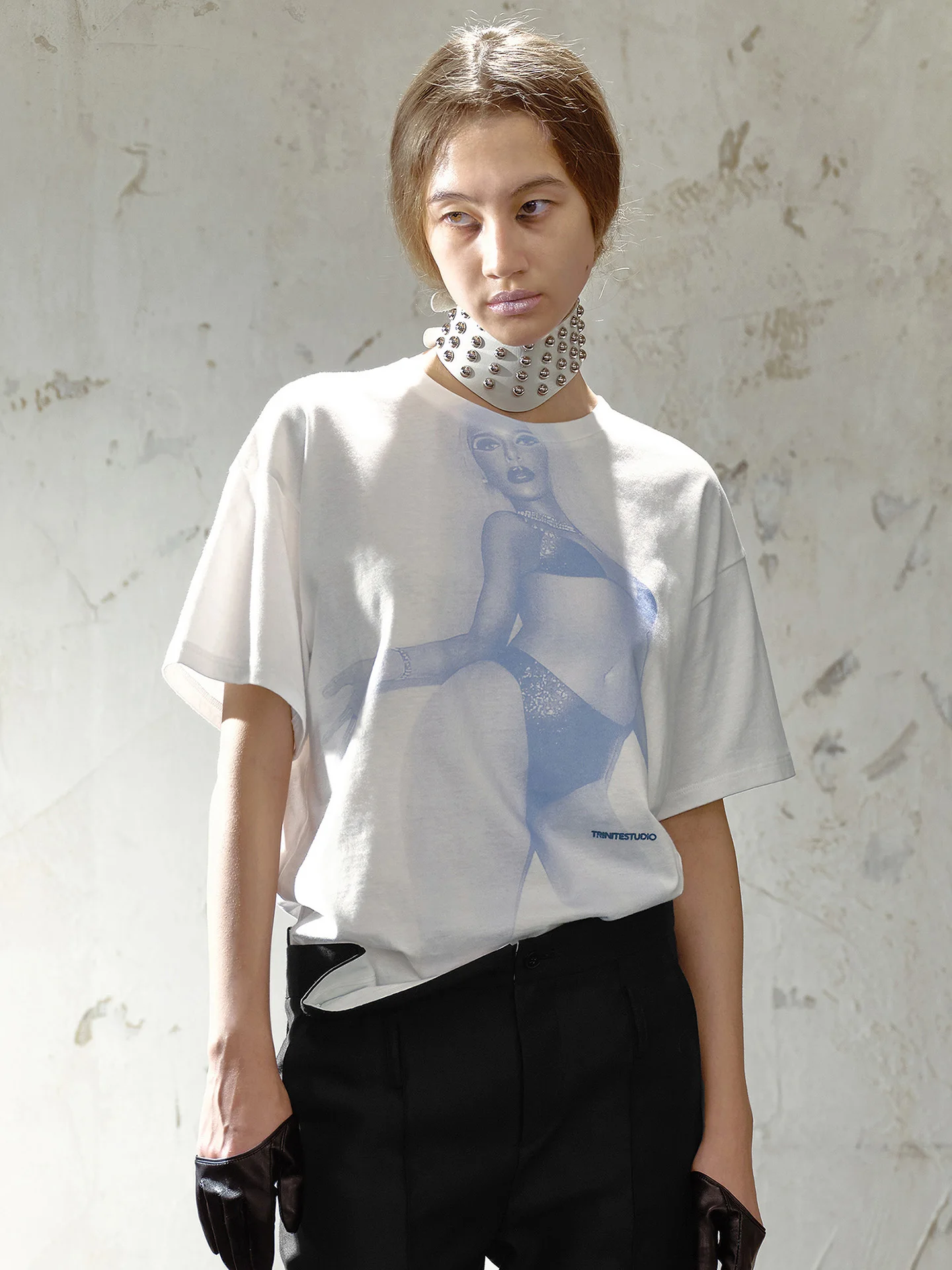 

Loose White Motorcycle Girl Print T-irt Street Sle ort Sve Women's Cotton round Ne Casual Faion TRINITEBlue Rider