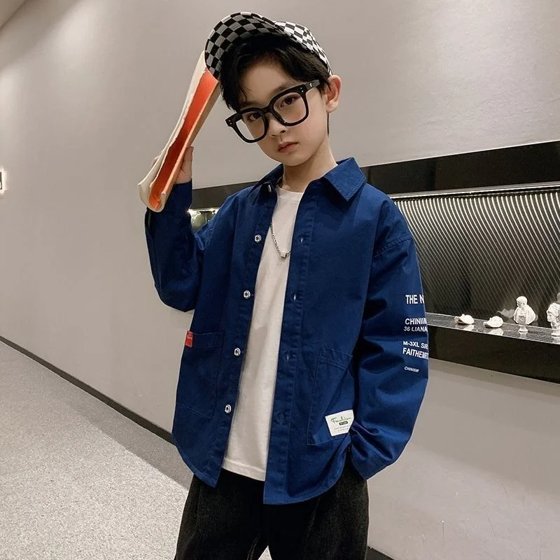 W magazynie chłopięce koszule, topy, kurtki, nowości 2025, duże rozmiary z długimi rękawami, wiosenne ubrania dla dzieci na świeżym powietrzu 5-14T