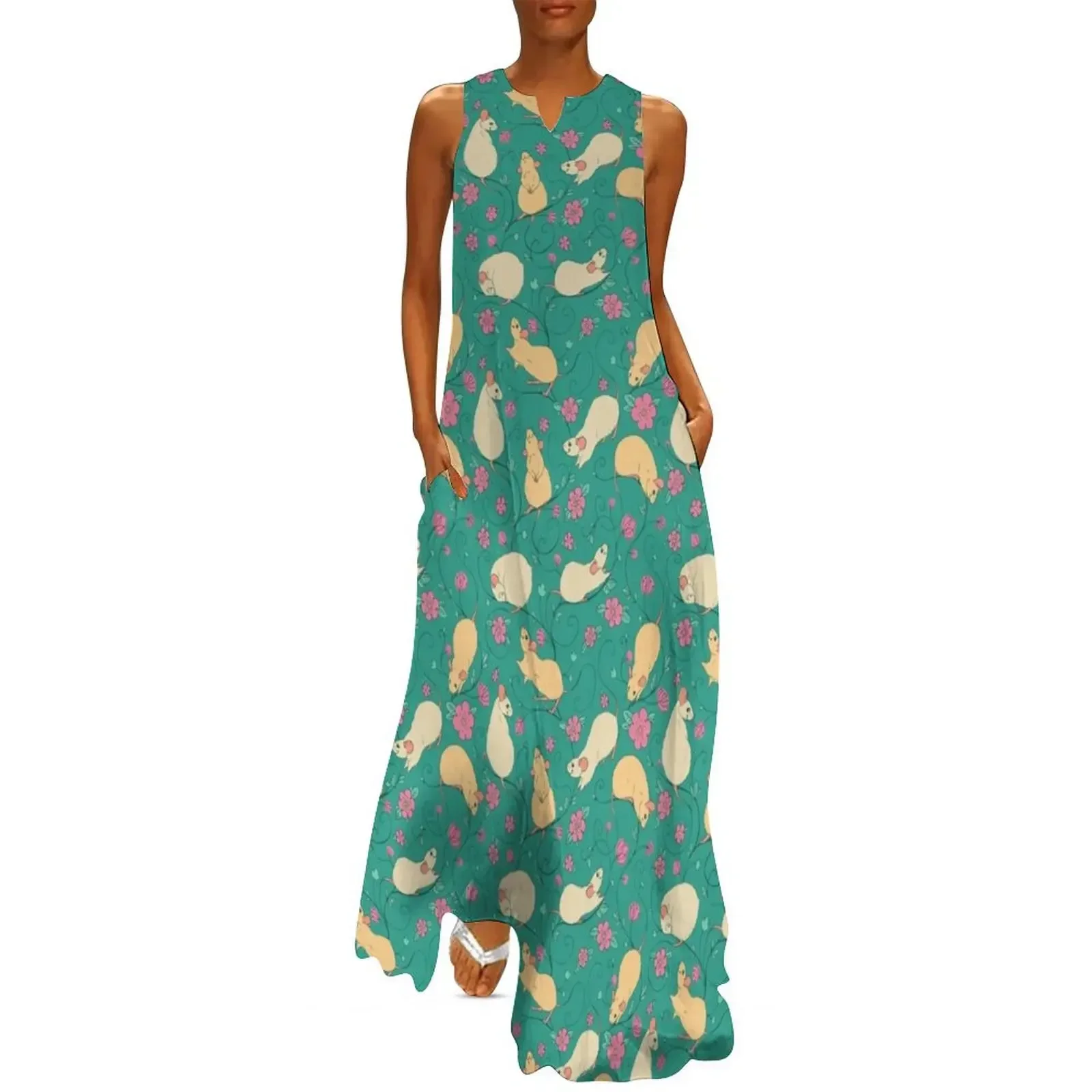 

Floral Rat Retro Pink and Teal Long Dress women party dresses women evening dress bandage dress clothes for women
