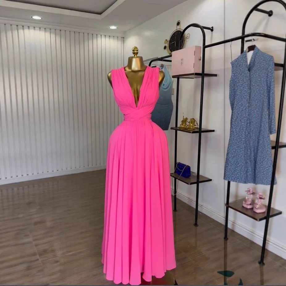 

Летнее шифоновое плиссированное длинное платье 2026 для женщин, элегантное безрукавное платье с V-образным вырезом для отпуска и пляжа, женское элегантное платье-роба (Vestido)