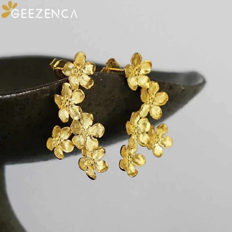 GEEZENCA نحى مجوهرات 925 فضة ثلاثية الأبعاد قرط صغير زهري المرأة لذيذ مصمم العصرية بيان القرط هدية حفلة