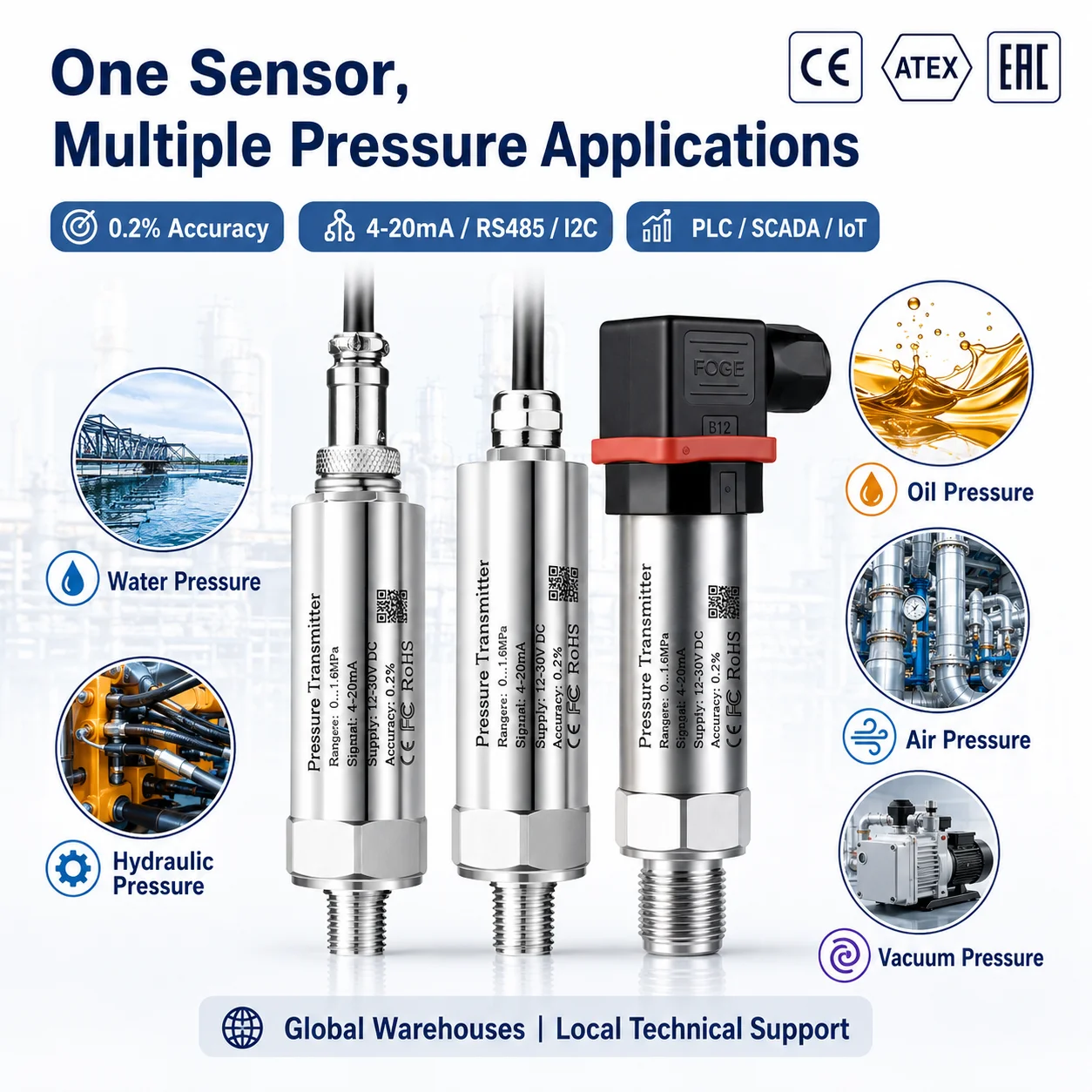 Pressure Transmitter 4-20mA 0-10V 5V 3.3V RS485 Modbus I2C Industrial Pressure Sensor WiFi for Water Tank Boiler Liquid Gas Air