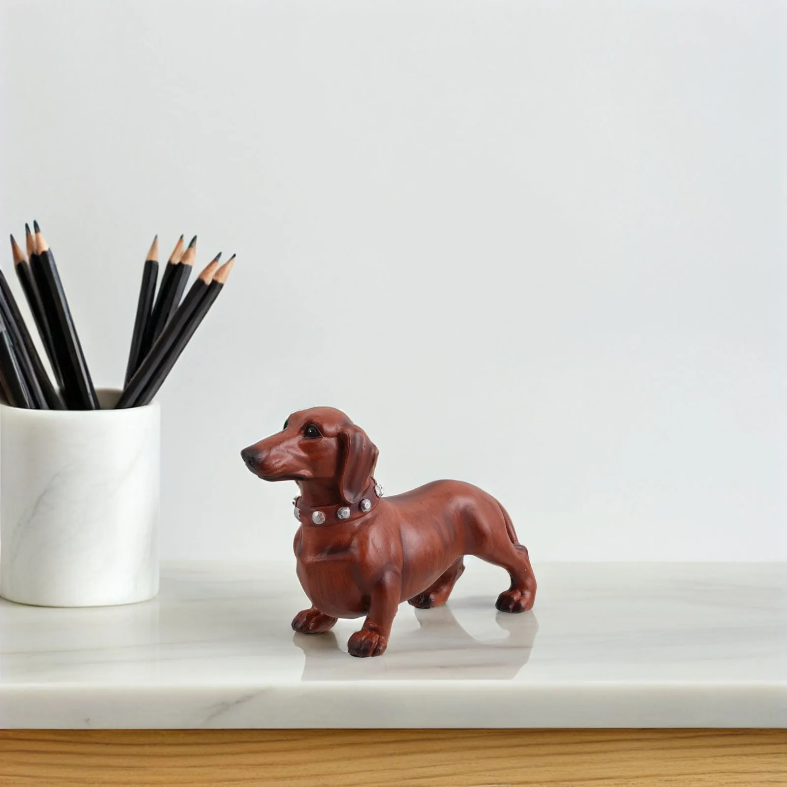 

Natural Wood Grain Dachshund Statue Compact Cute Small Resin Dog Home Office Desk Decor Ideal for Pet Lovers Unique Shelf
