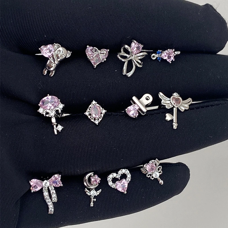 1pcs Cute Pink Zircon Stainless Steel Ear Bone Nail Full of Rhinestone Bowknot Earrings for Women Cochlea Body Puncture Jewelry