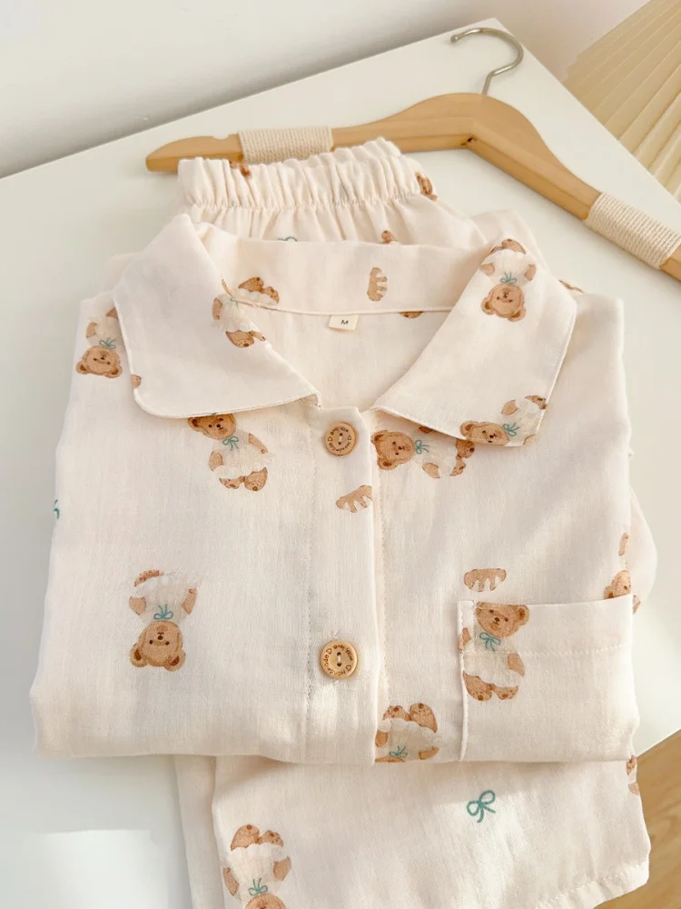 

Pure Cotton Double Layered Long Sve Long Pants Pajama Set with Collar Lightweight Home Clothes for Spring Summer Autumn