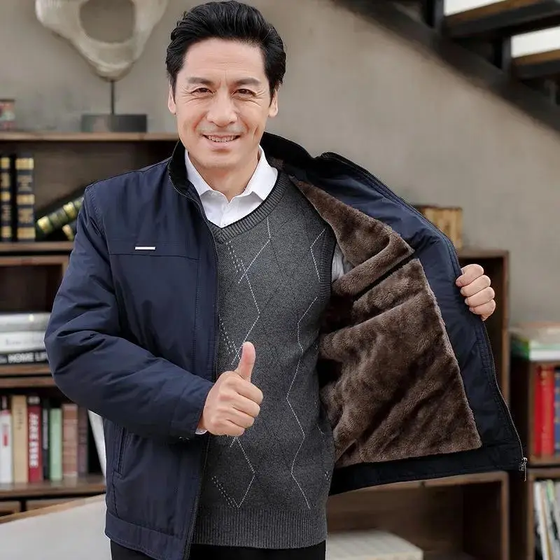 Autumn and Winter Plush Thick Jacket Men Middle-Aged  Elderly Fathers Casual Warm High-end  Cotton Coat Clothes M4