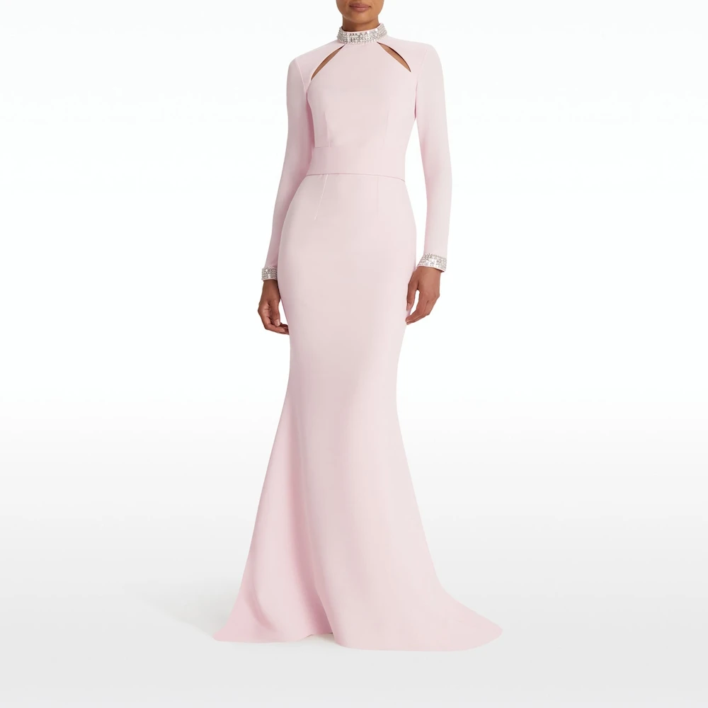 Muloong Pink Mandarin Collar and Front Neck Cutout Evening Dress Crystal Mirror Disc Embroidery Mermaid Haute Couture Dress